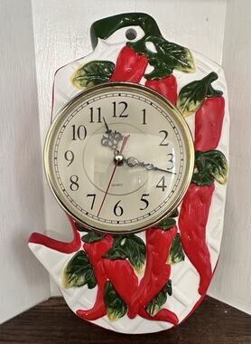 KMC Vintage Quartz Ceramic Red Chili Peppers Clock Retro MCM TESTED